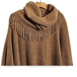 Marvelush Tan Fringe Poncho with Detachable Scarf One Size Boho Cozy Fall Layer
